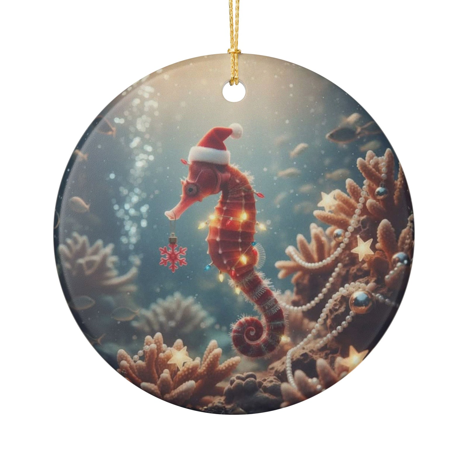 Seahorse Greetings Ceramic Ornament - Coastal Holiday Decoration