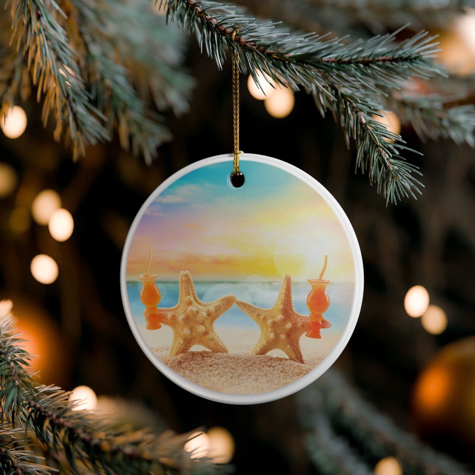 Starfish Sunset Serenade Ceramic Ornament - Coastal Holiday Decoration