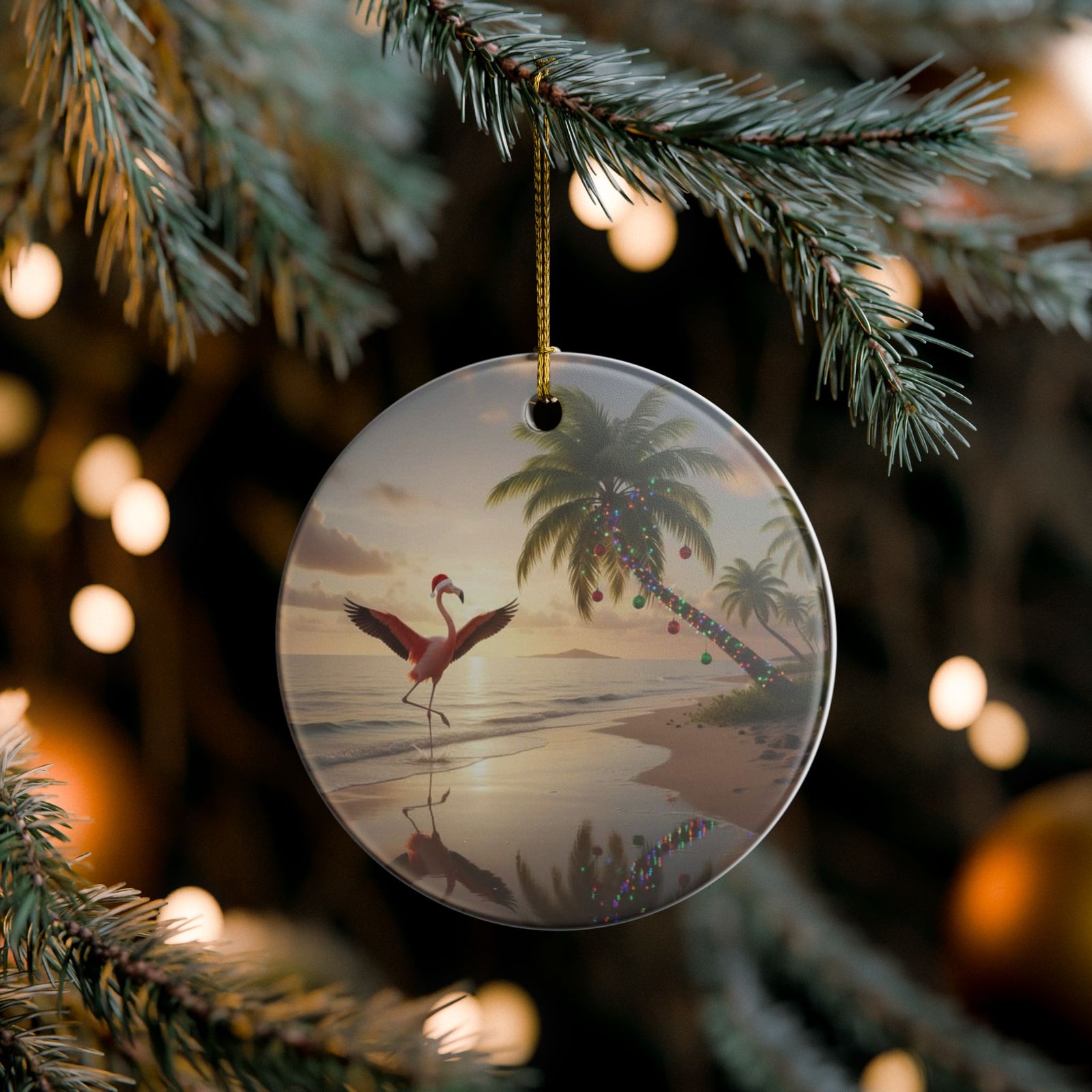 Flamingo Holidays Ceramic Ornament - Coastal Holiday Decoration