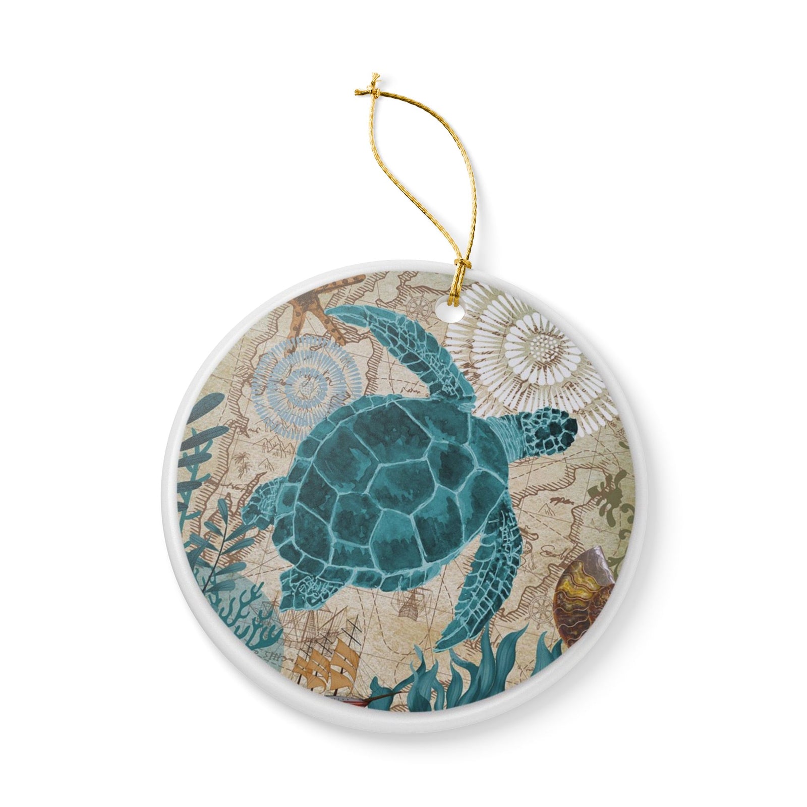 Turtle's Cartographic Journey Ceramic Ornament - Coastal Decoration
