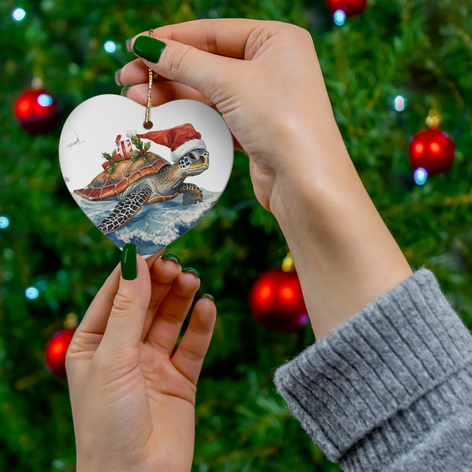 Sea Turtle Christmas Ornament — Ceramic Holiday Ornament with Santa Hat & Gifts