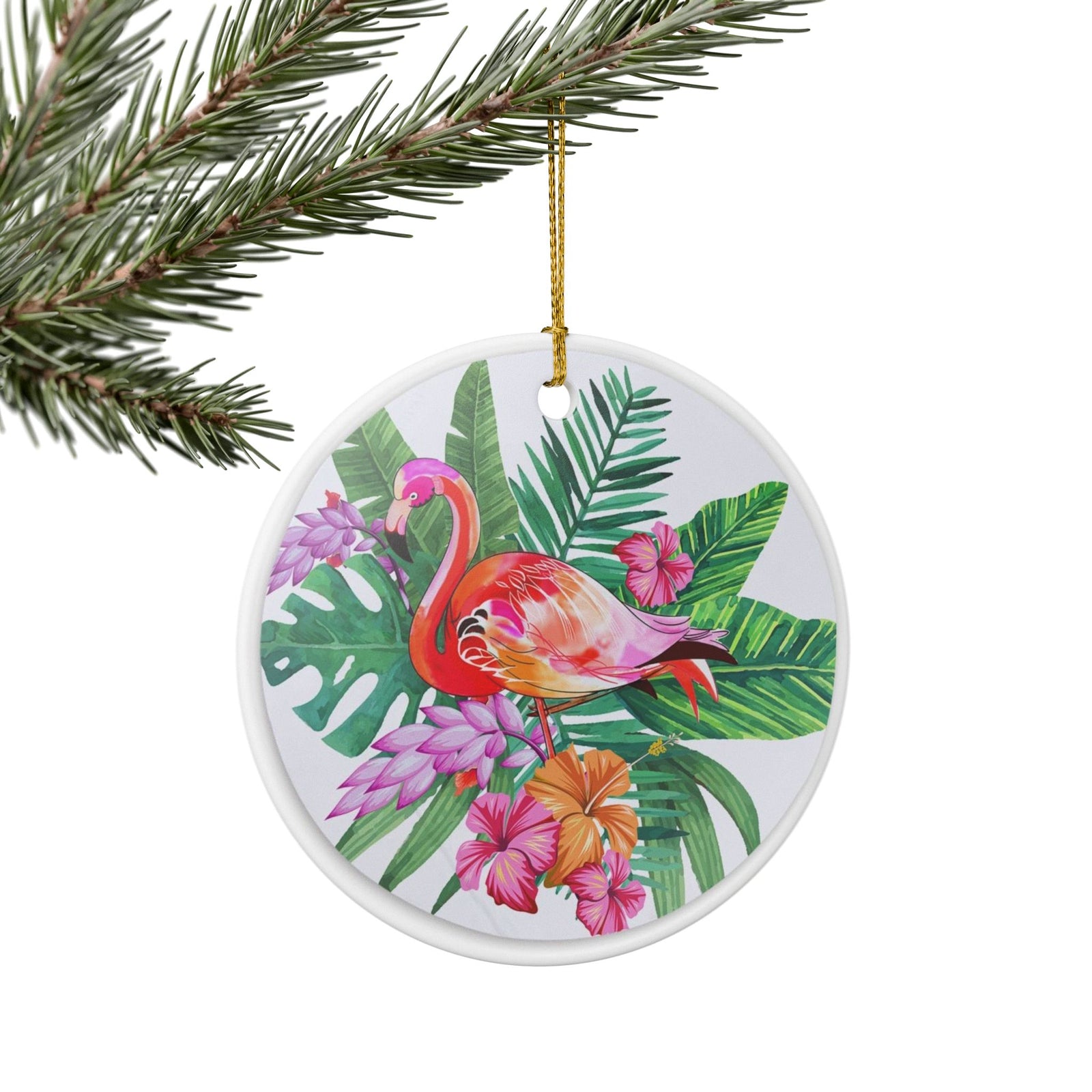 Tropical Flamingo Fantasy Ceramic Ornament - Coastal Holiday Decoration