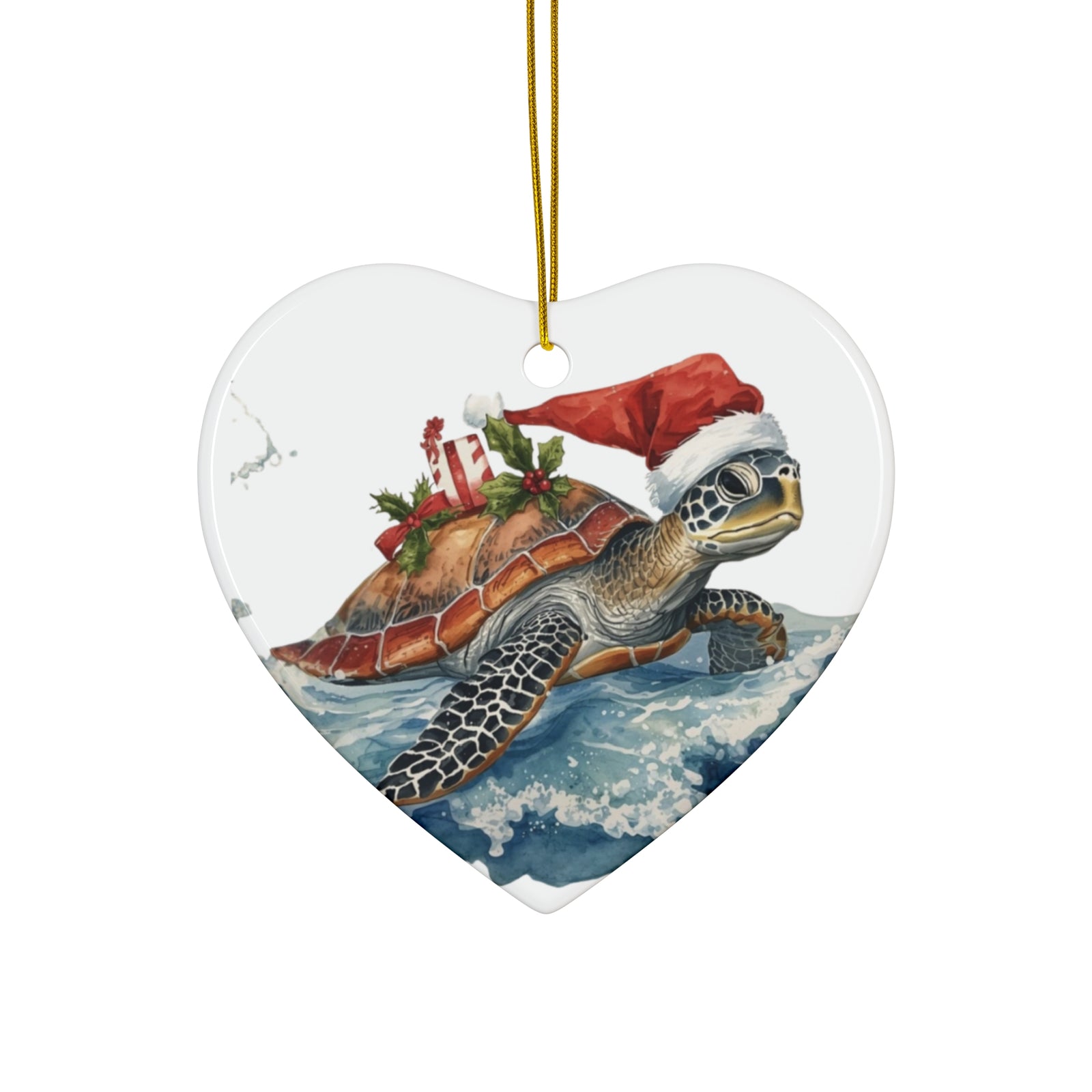 Sea Turtle Christmas Ornament — Ceramic Holiday Ornament with Santa Hat & Gifts