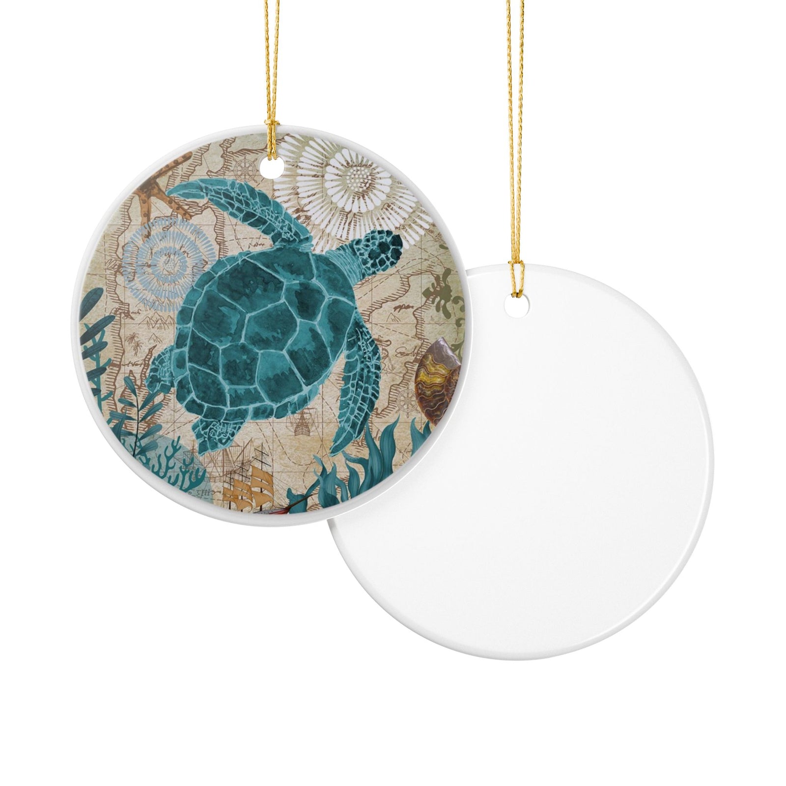 Turtle's Cartographic Journey Ceramic Ornament - Coastal Decoration