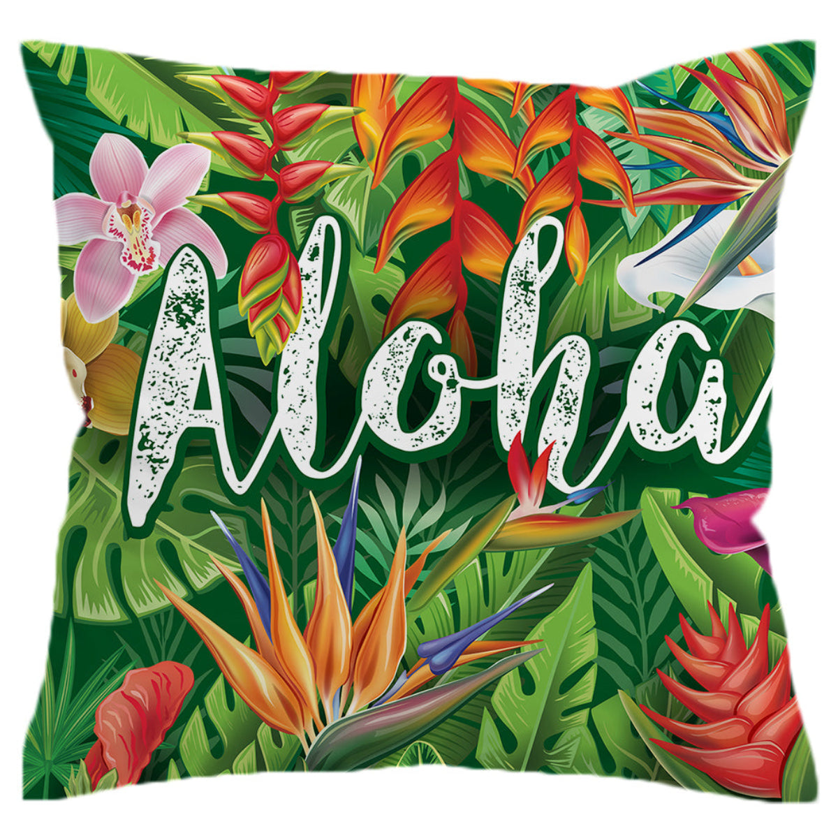 Pillow with tropical flowers and 'Aloha' text on a green background