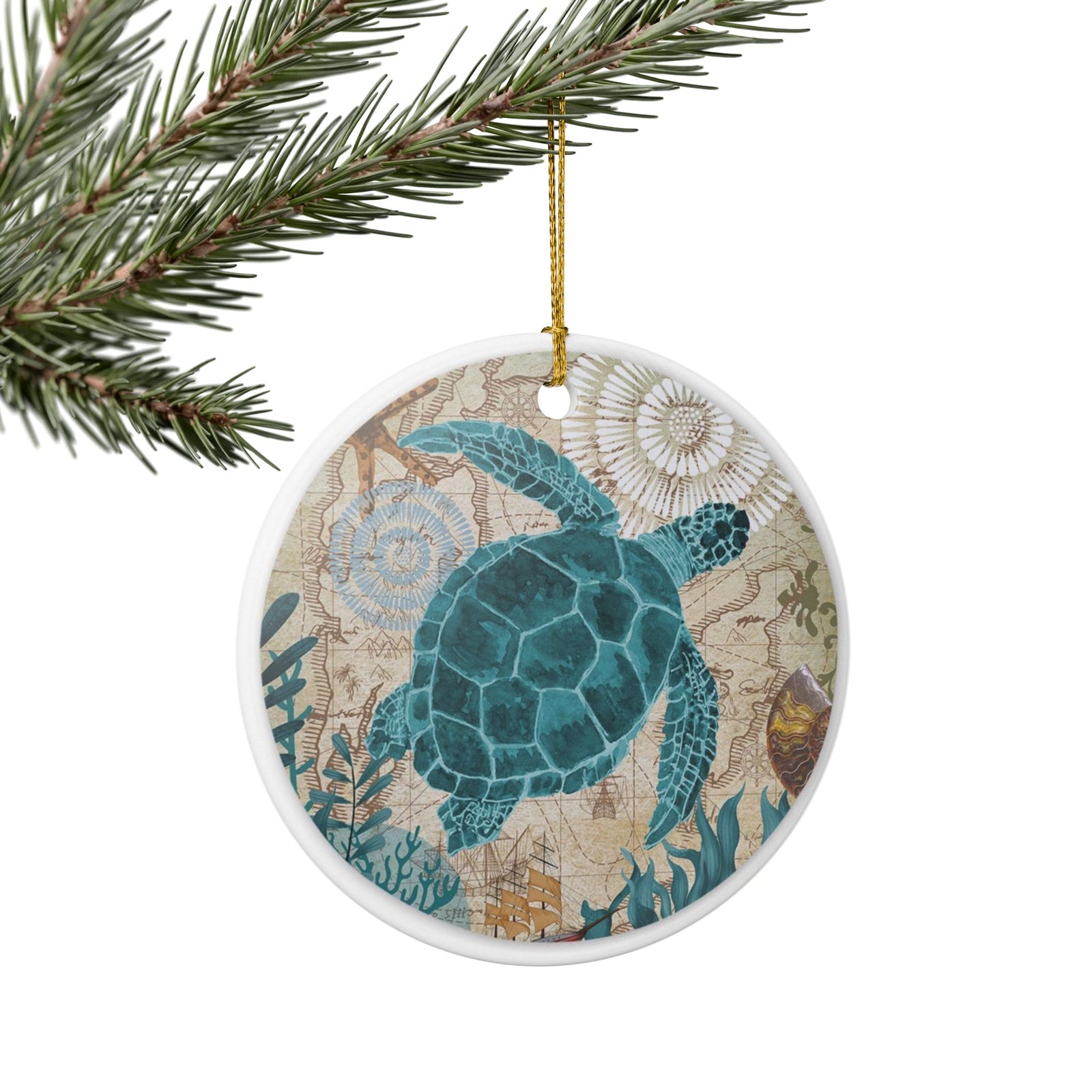 Turtle's Cartographic Journey Ceramic Ornament - Coastal Decoration
