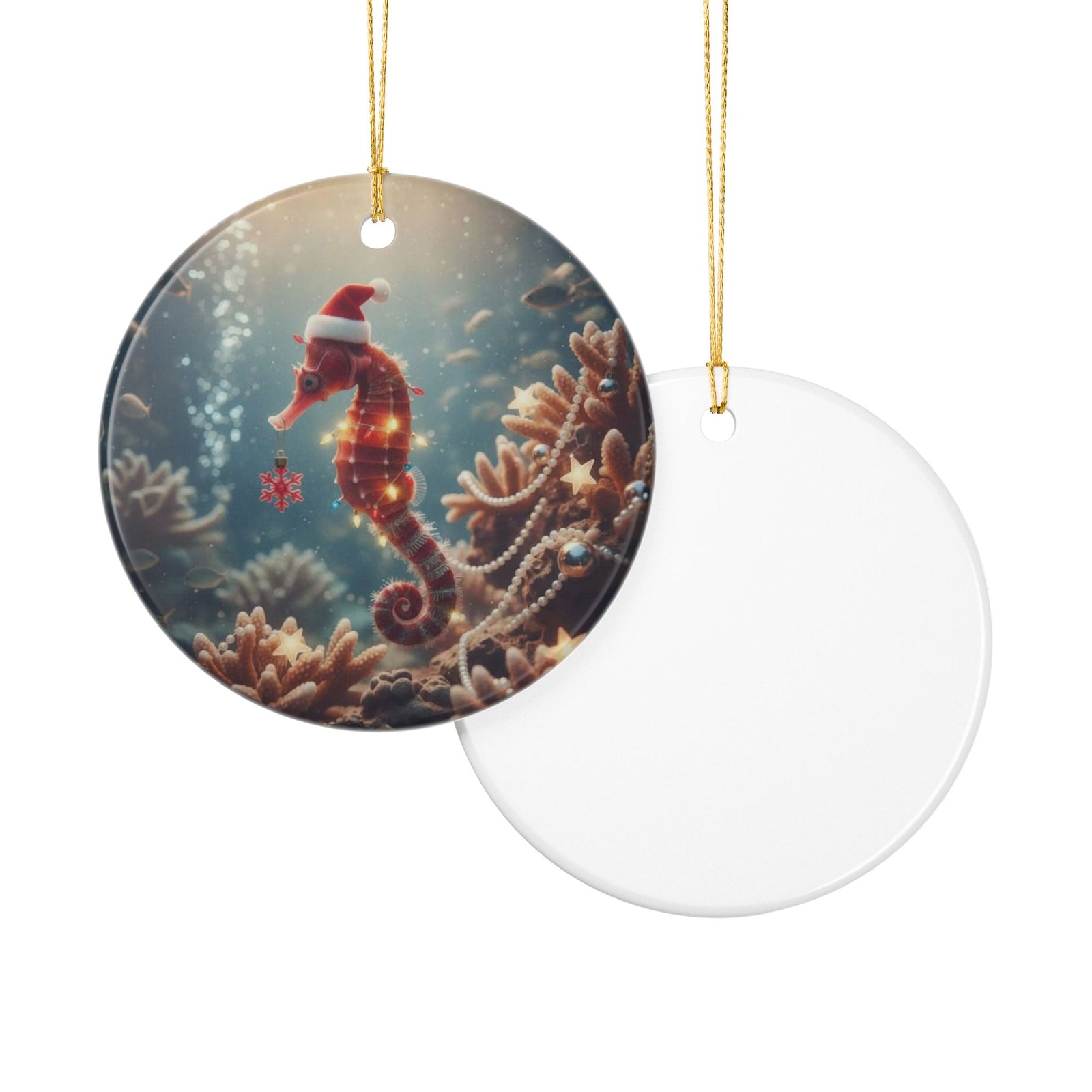 Seahorse Greetings Ceramic Ornament - Coastal Holiday Decoration