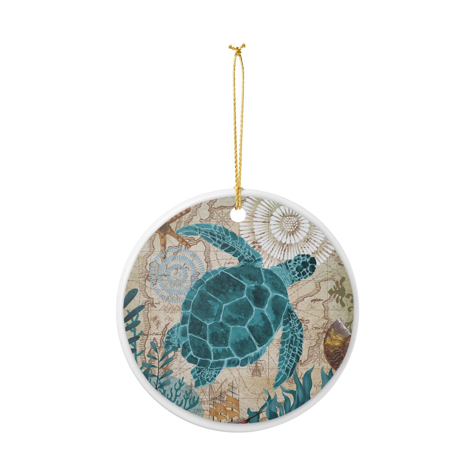 Turtle's Cartographic Journey Ceramic Ornament - Coastal Decoration