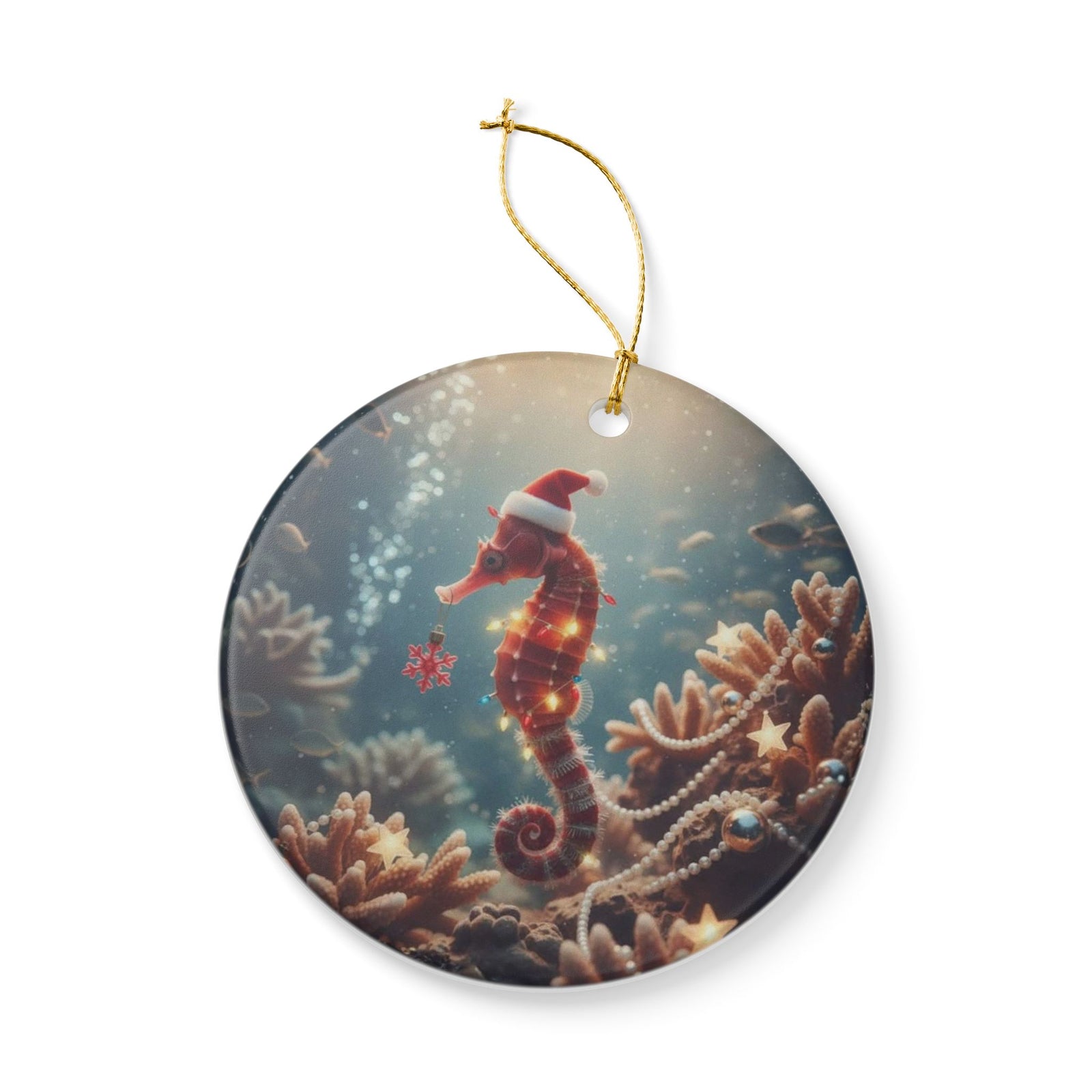 Seahorse Greetings Ceramic Ornament - Coastal Holiday Decoration