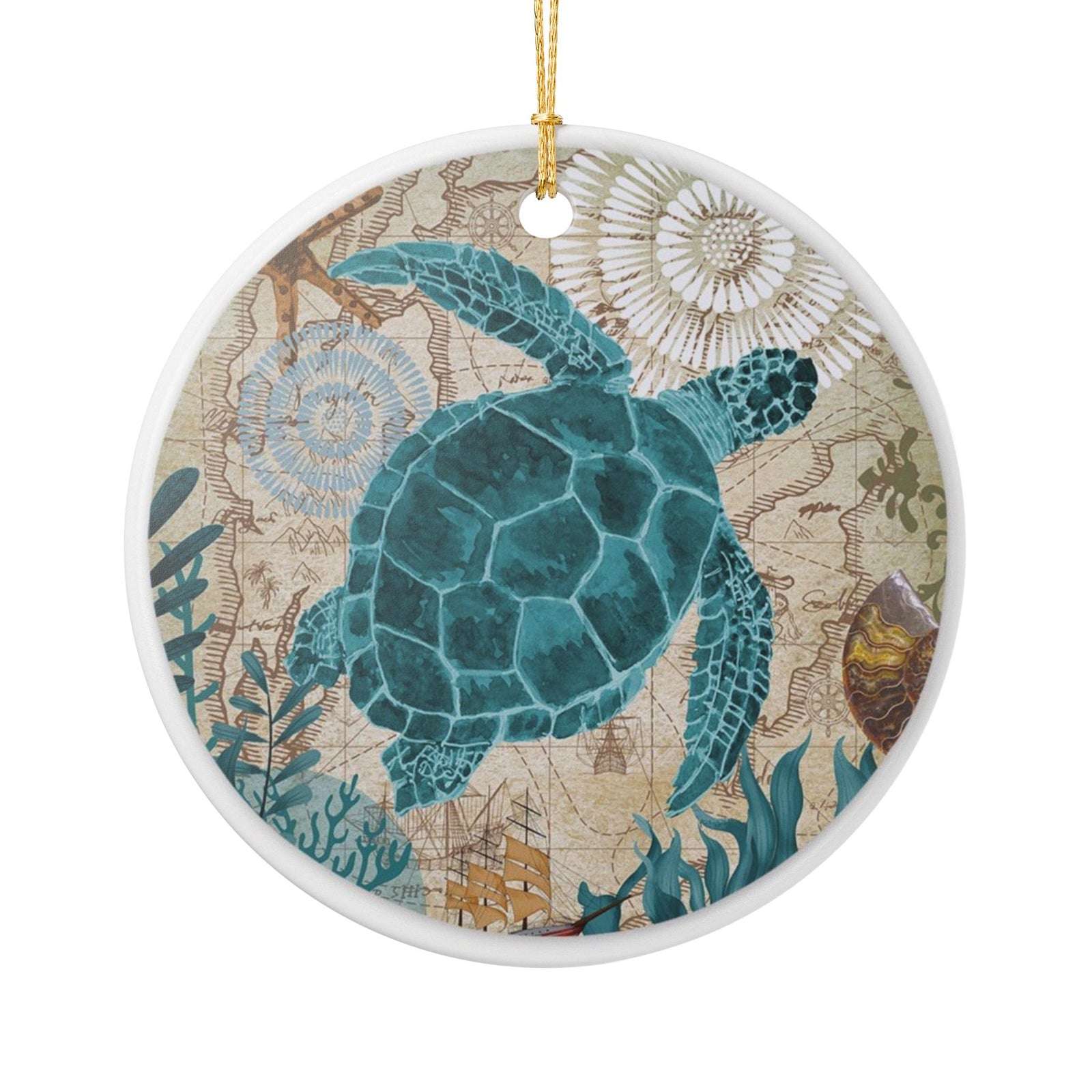 Turtle's Cartographic Journey Ceramic Ornament - Coastal Decoration