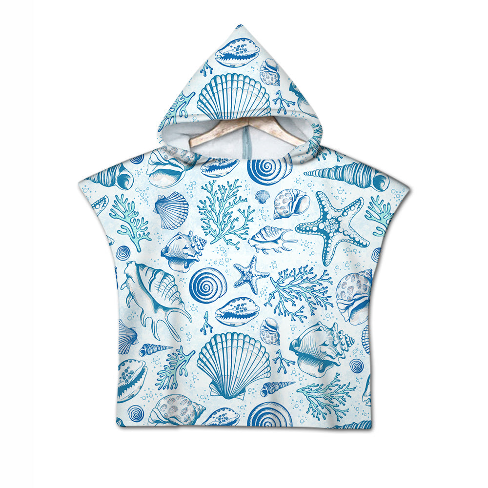 Blue Seashells Quick-Dry Hooded Poncho Towel