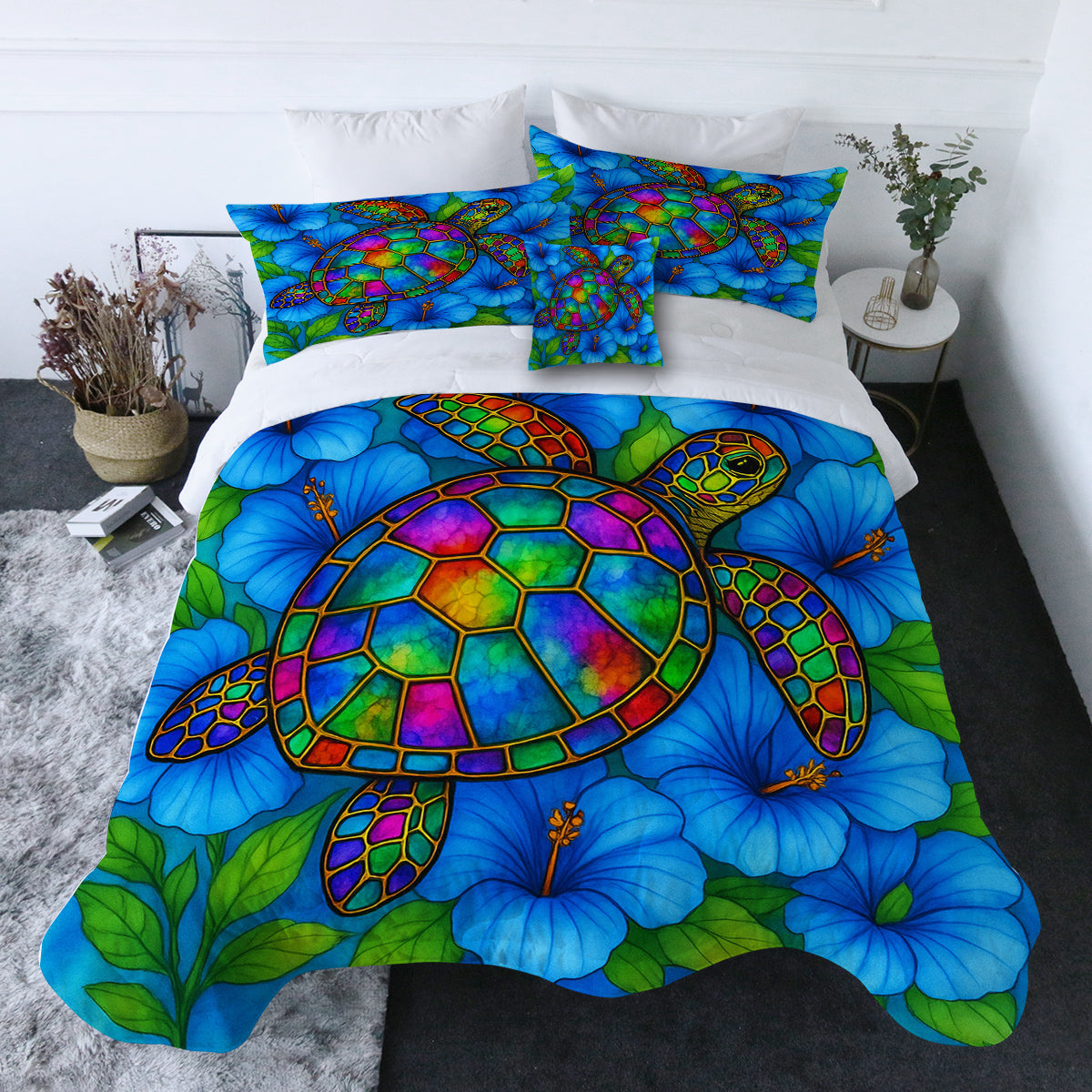 Hibiscus Sea Turtle Comforter with Shams and Pillow Cover