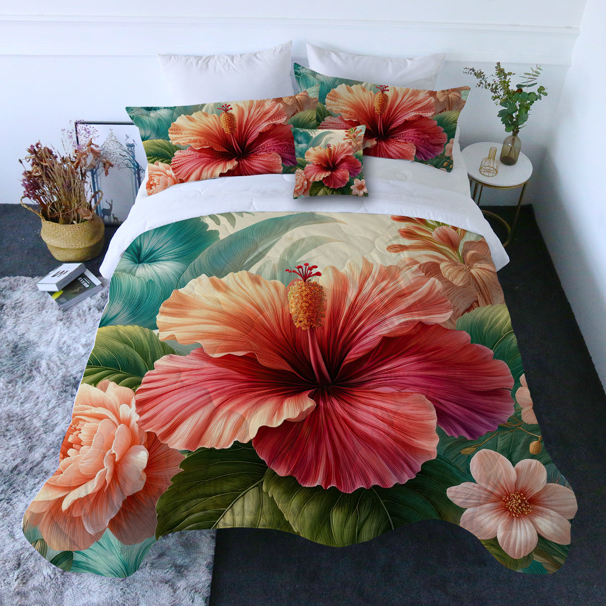 Hibiscus Flower Comforter with Shams and Pillow Cover