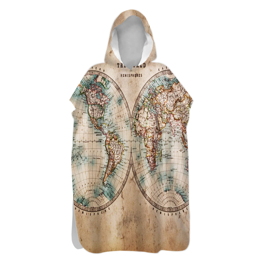 Hooded towel with world map design on a white background