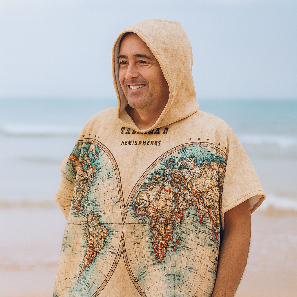 Man wearing a beige poncho hoodie with world map design on a beach