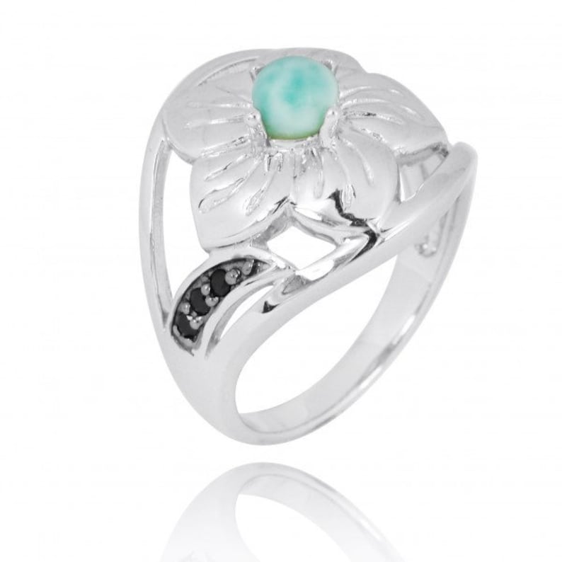 Tropical Hibiscus Flower Ring with Larimar and Black Spinel