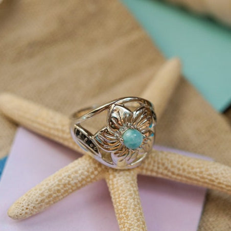 Tropical Hibiscus Flower Ring with Larimar and Black Spinel