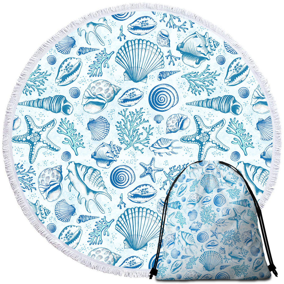 Blue Seashells Round Beach Towel