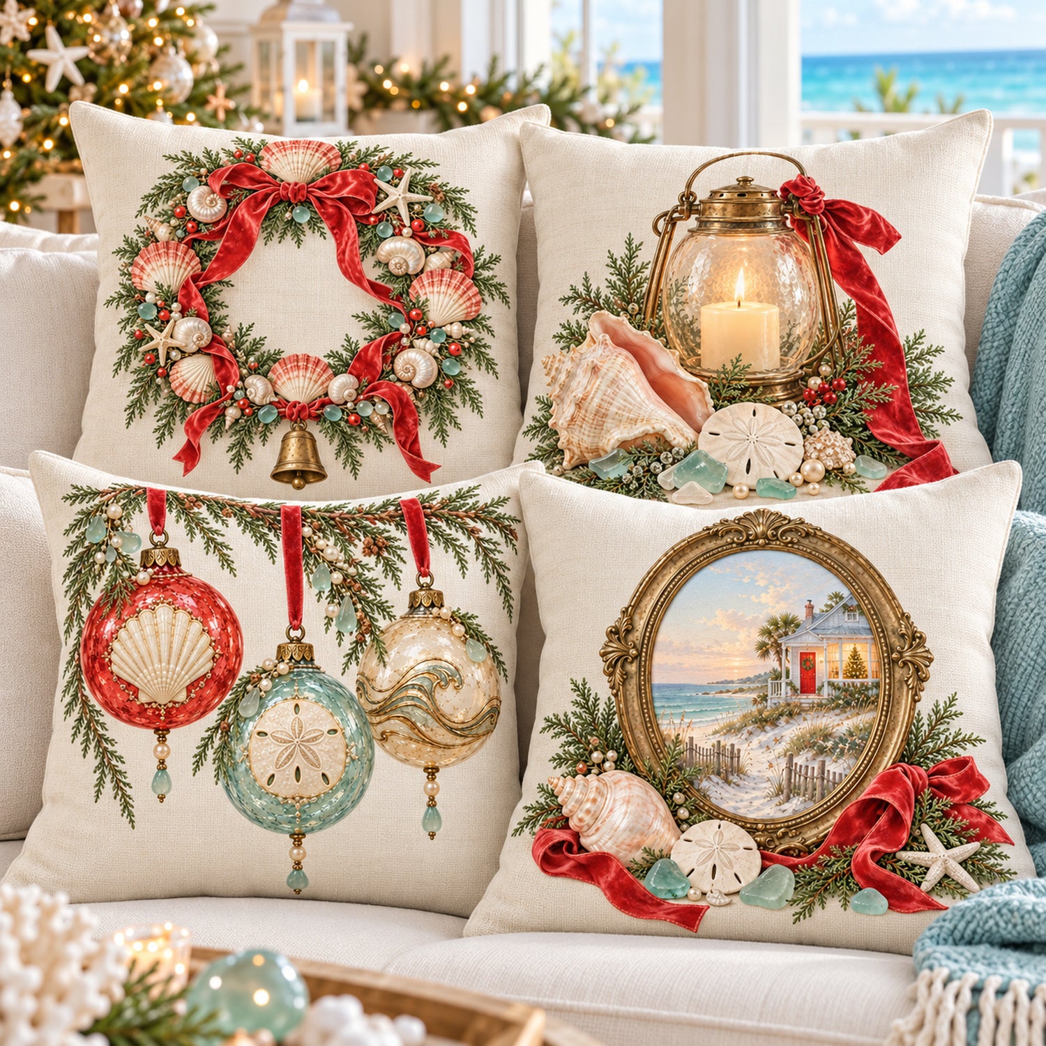 Four Coastal Christmas Heirlooms pillow covers with a seashell wreath, lantern, ornaments and beach cottage on an ivory sofa