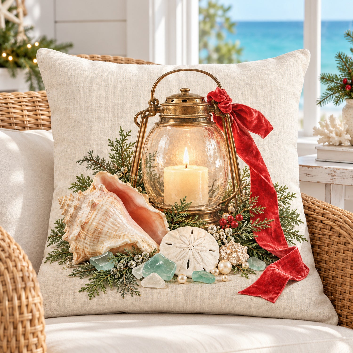 Christmas lantern and seashell pillow cover on a rattan armchair in a bright coastal reading nook