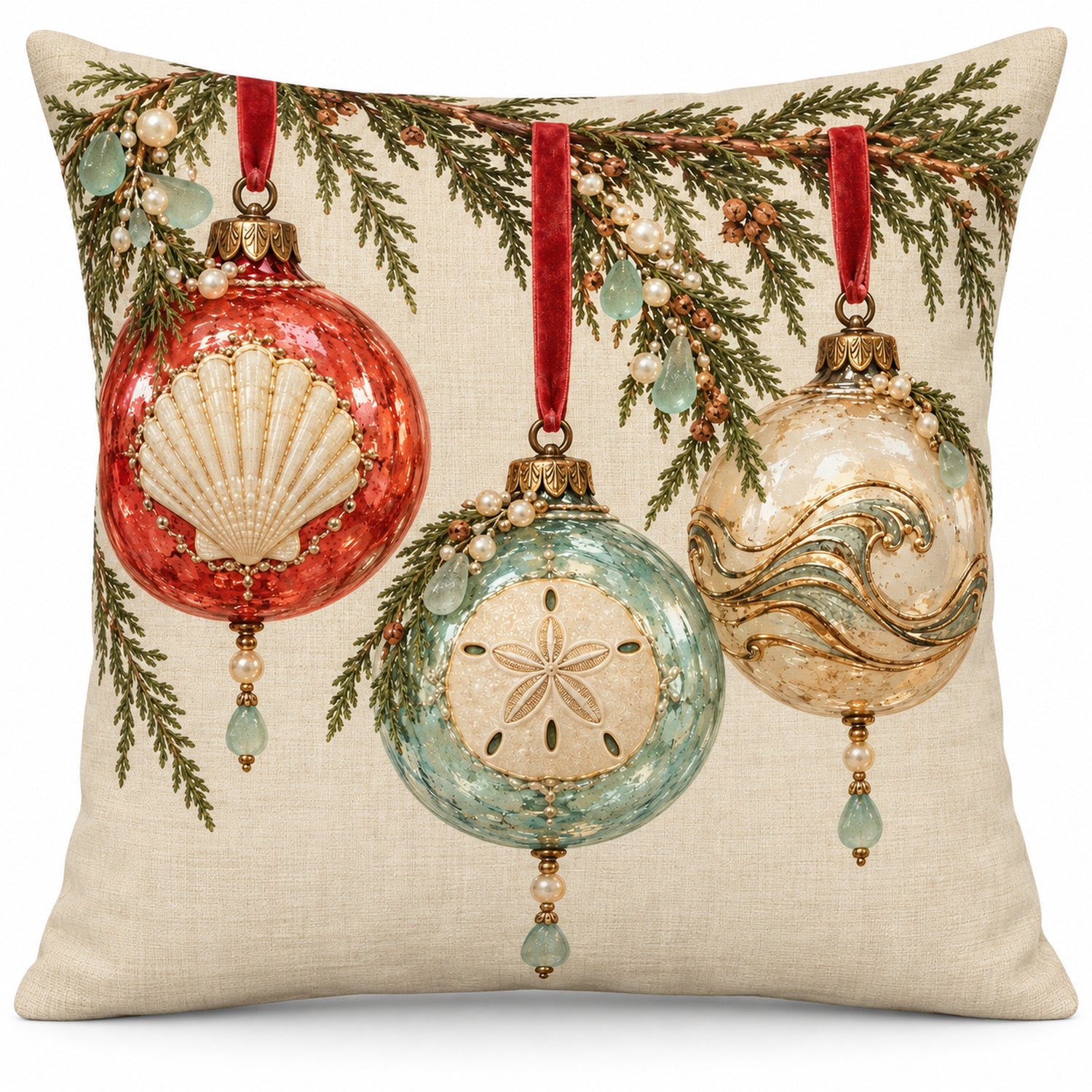 Coastal Christmas ornament pillow cover with red, aqua and ivory baubles and seashell details, shown against white