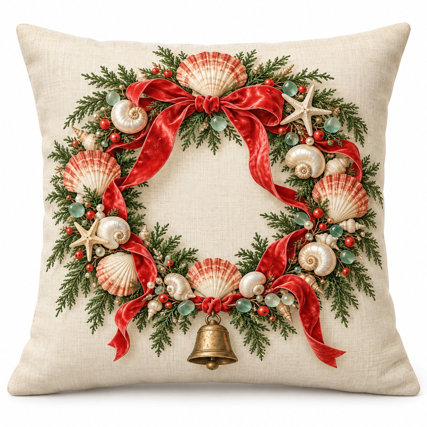Christmas seashell wreath pillow cover with a red bow and brass bell on ivory, shown against white