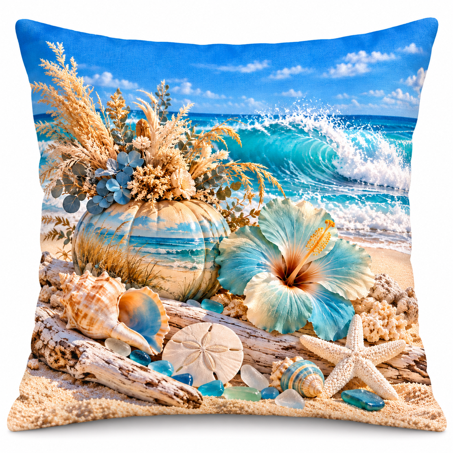 Aqua Hibiscus Harvest printed coastal pillow cover featuring aqua hibiscus, painted pumpkin, seashells and turquoise wave, on a white background