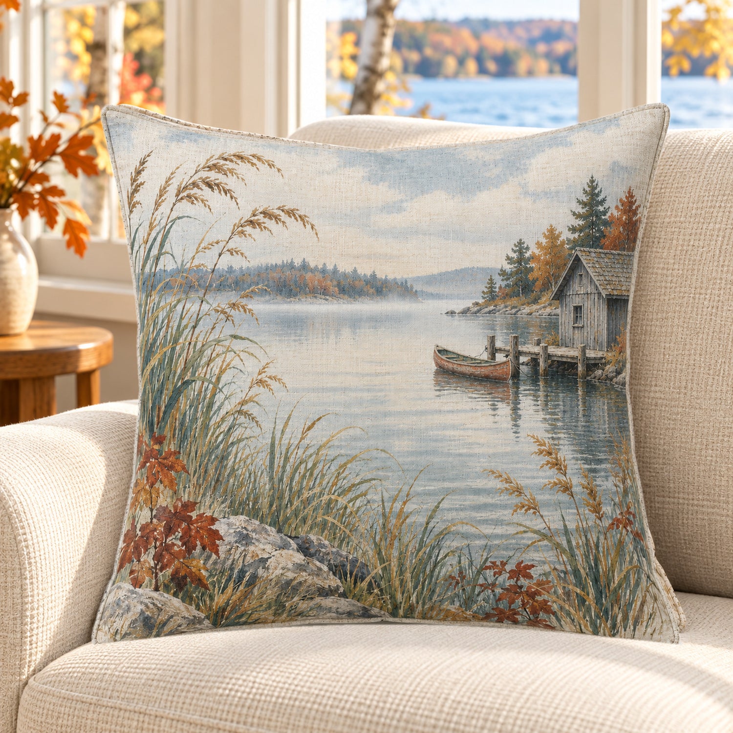 Autumn Canoe and Boathouse pillow cover in a lake house