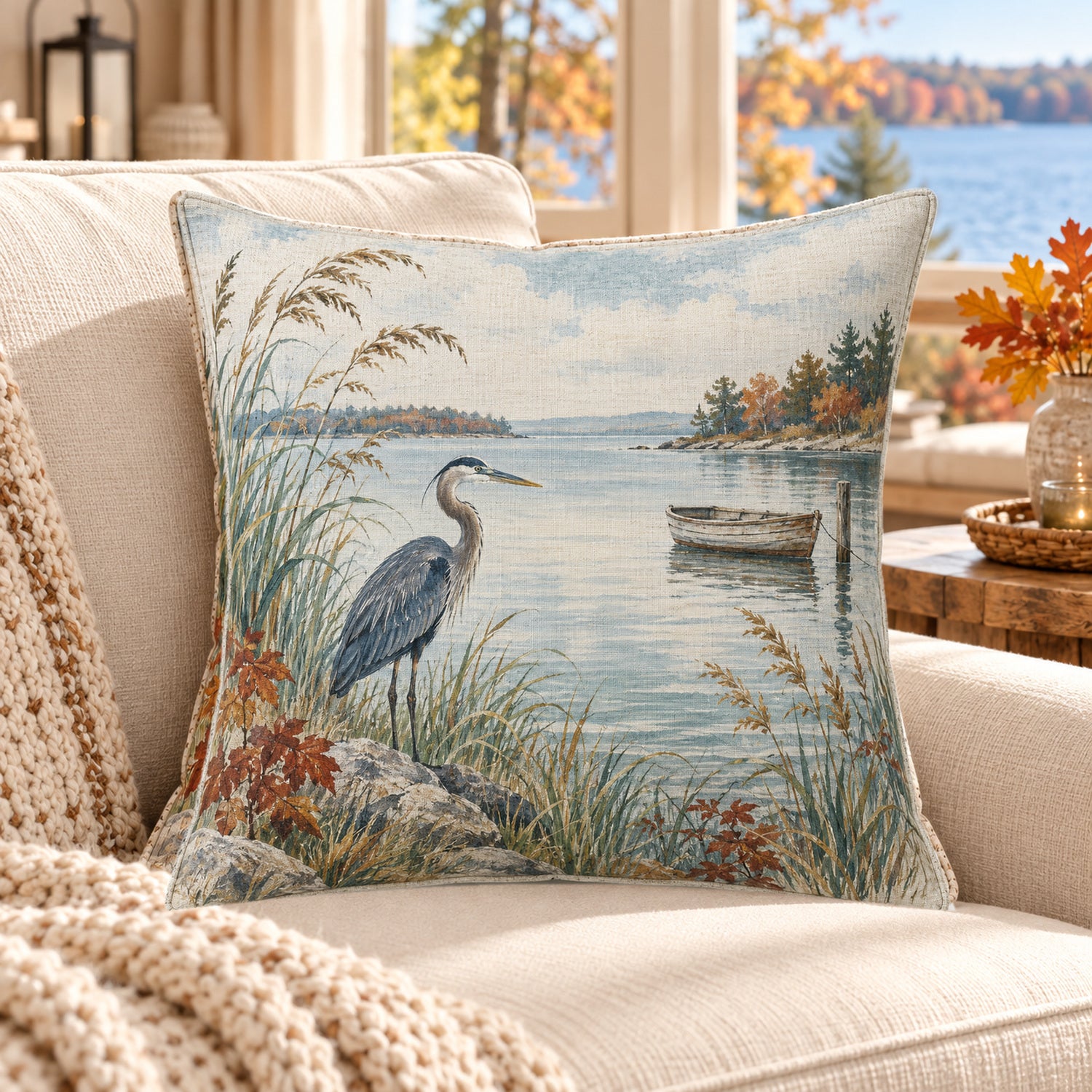 Autumn Heron by the Water pillow cover in a lake house