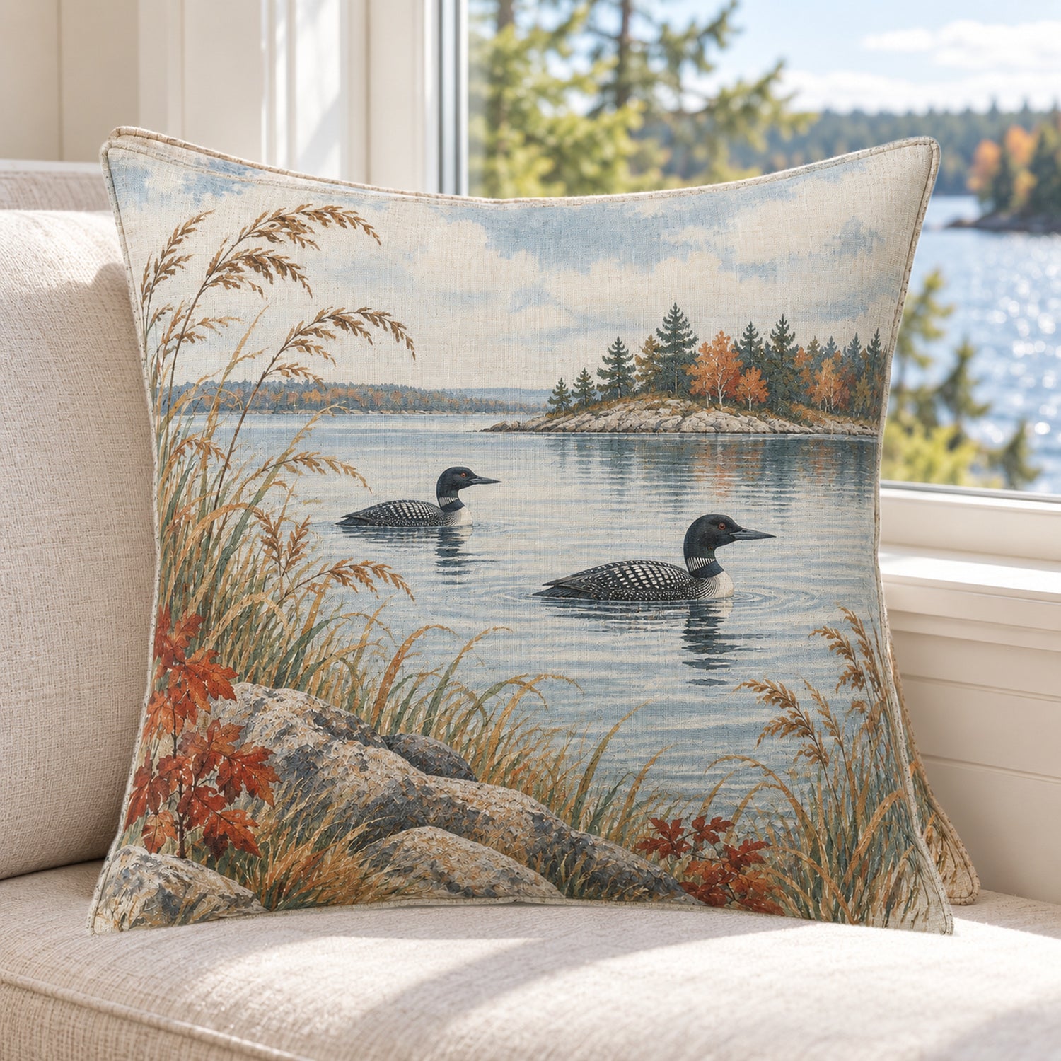 Autumn Loons on the Lake pillow cover in a lake house