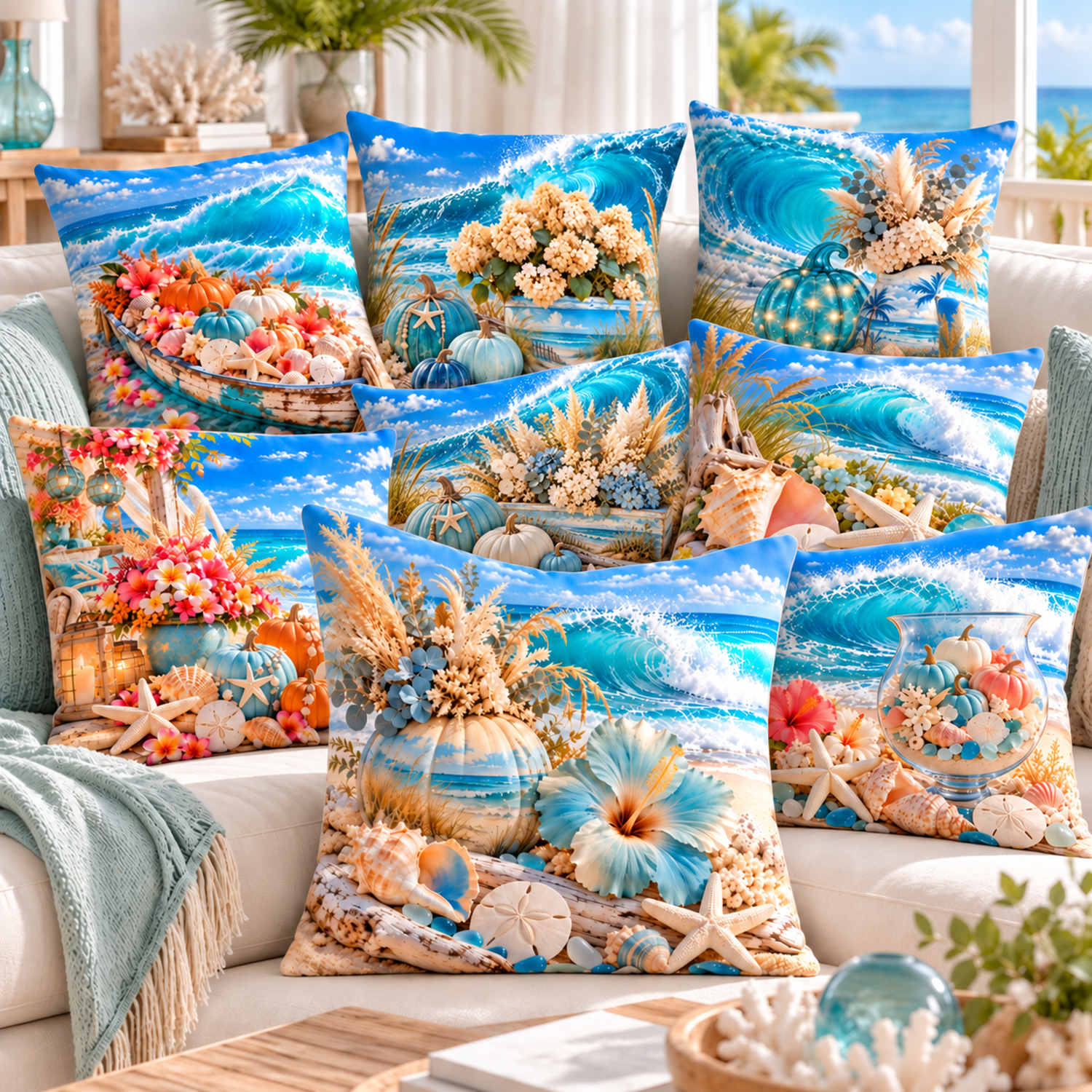 Eight Coastal Harvest Waves printed pillow covers layered on an ivory beach house sofa, with the aqua hibiscus and painted pumpkin design fully visible in front
