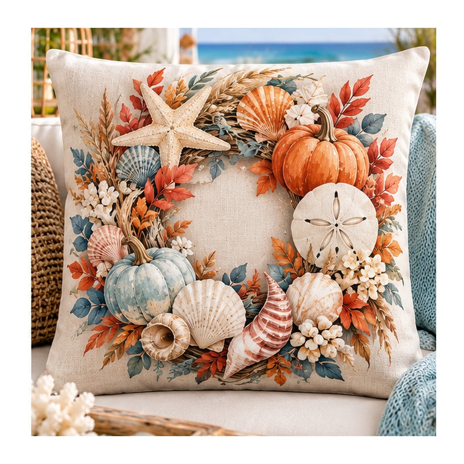 Coral harvest coastal wreath pillow cover design