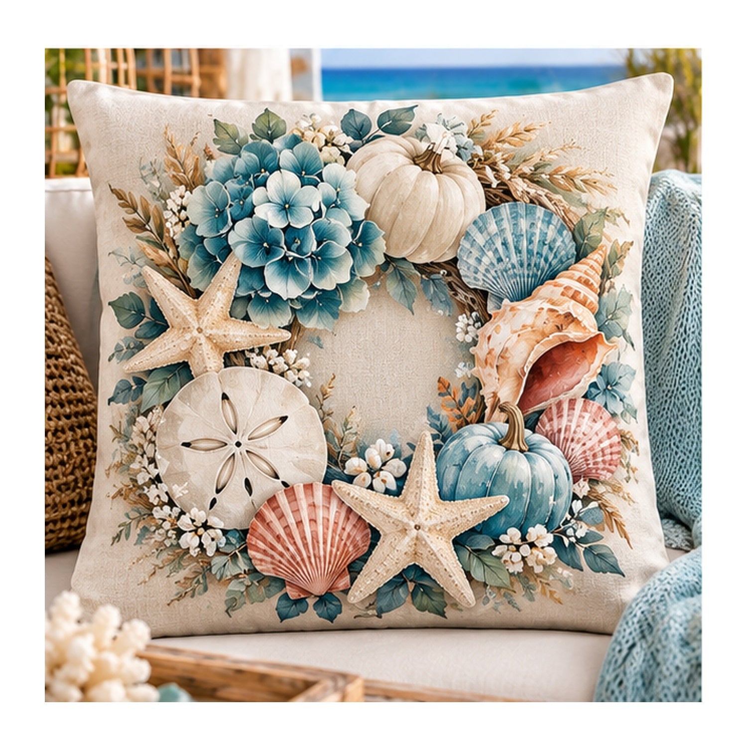 Hydrangea seafoam coastal wreath pillow cover design