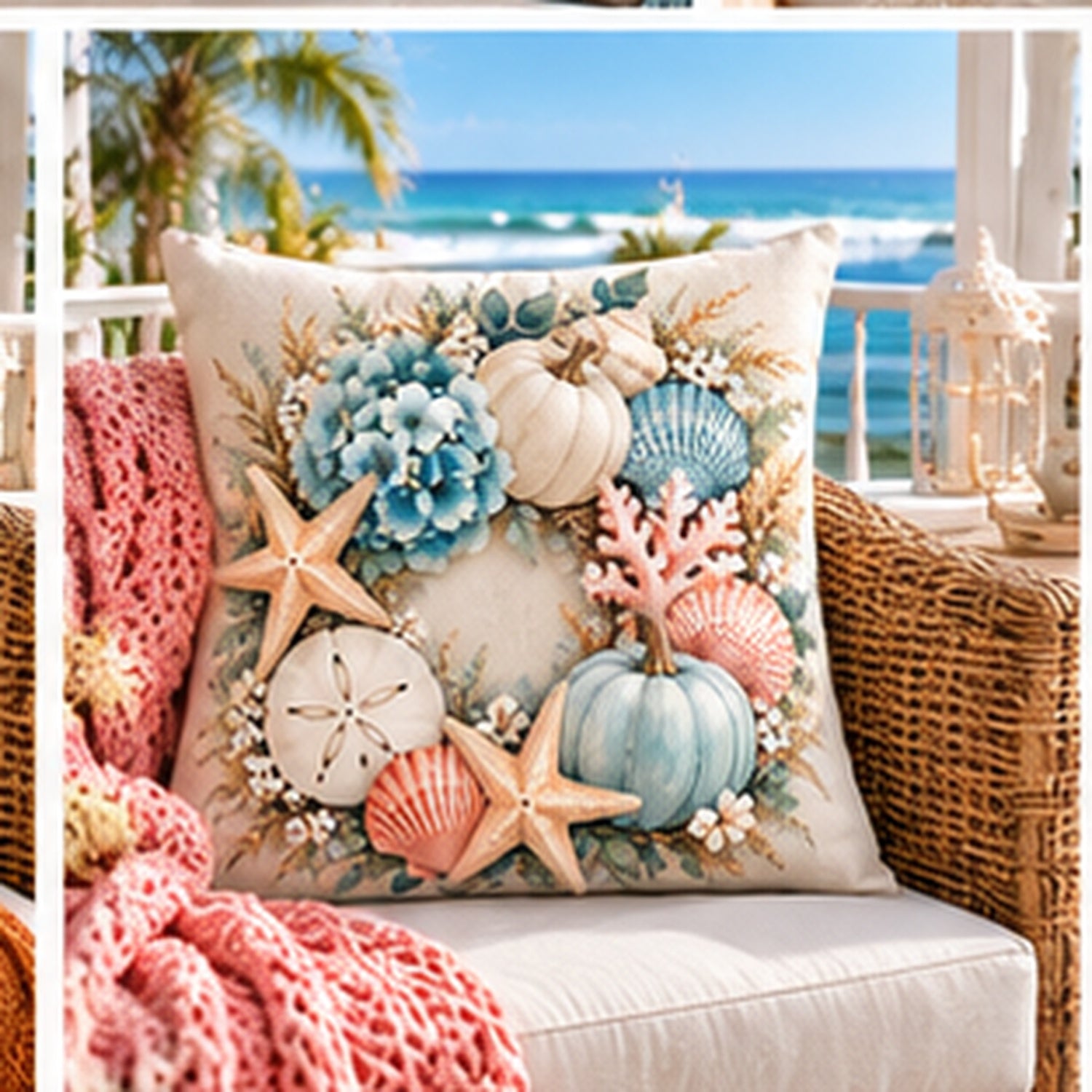 Hydrangea seafoam coastal wreath pillow cover styled in a bright beach house