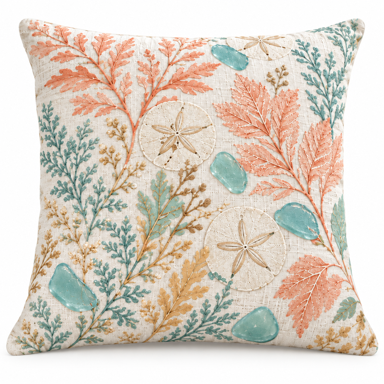 Coral and aquamarine coastal pillow cover with sand dollars and sea glass on a clean white background