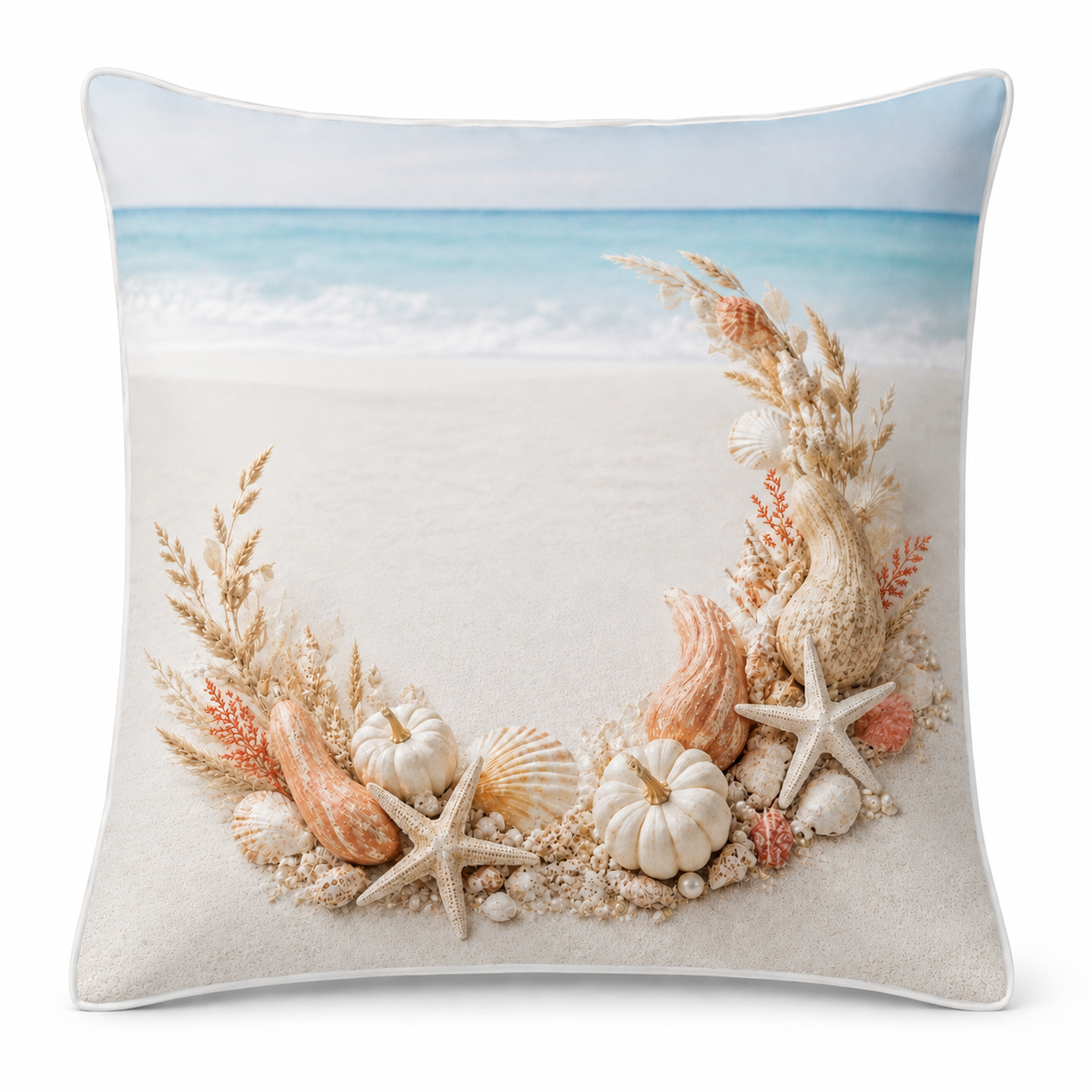 Coral Crescent coastal fall pillow cover with shells, starfish and autumn botanicals