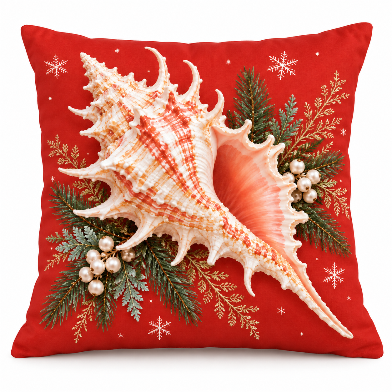 Coral-red Christmas murex shell pillow cover with evergreen and snowflakes on a white background