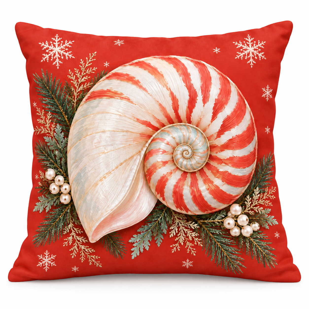 Coral-red Christmas nautilus shell pillow cover with evergreen and snowflakes on a white background