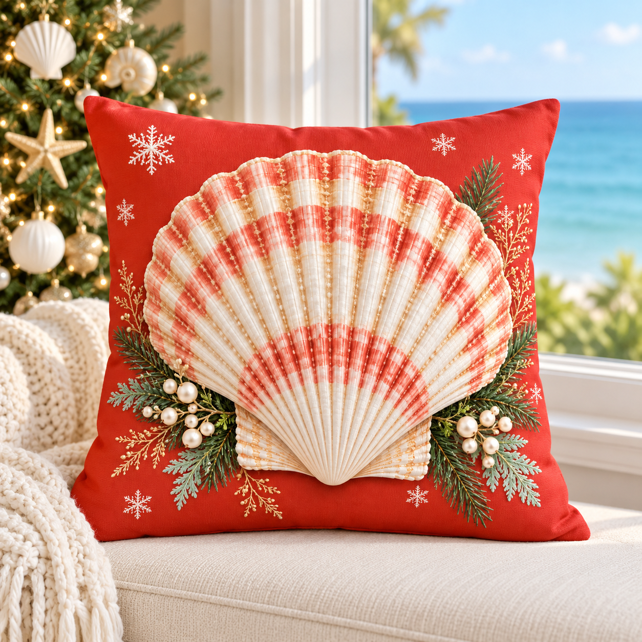 Coral-red Christmas scallop shell pillow cover with evergreen and snowflakes styled in a coastal Christmas room