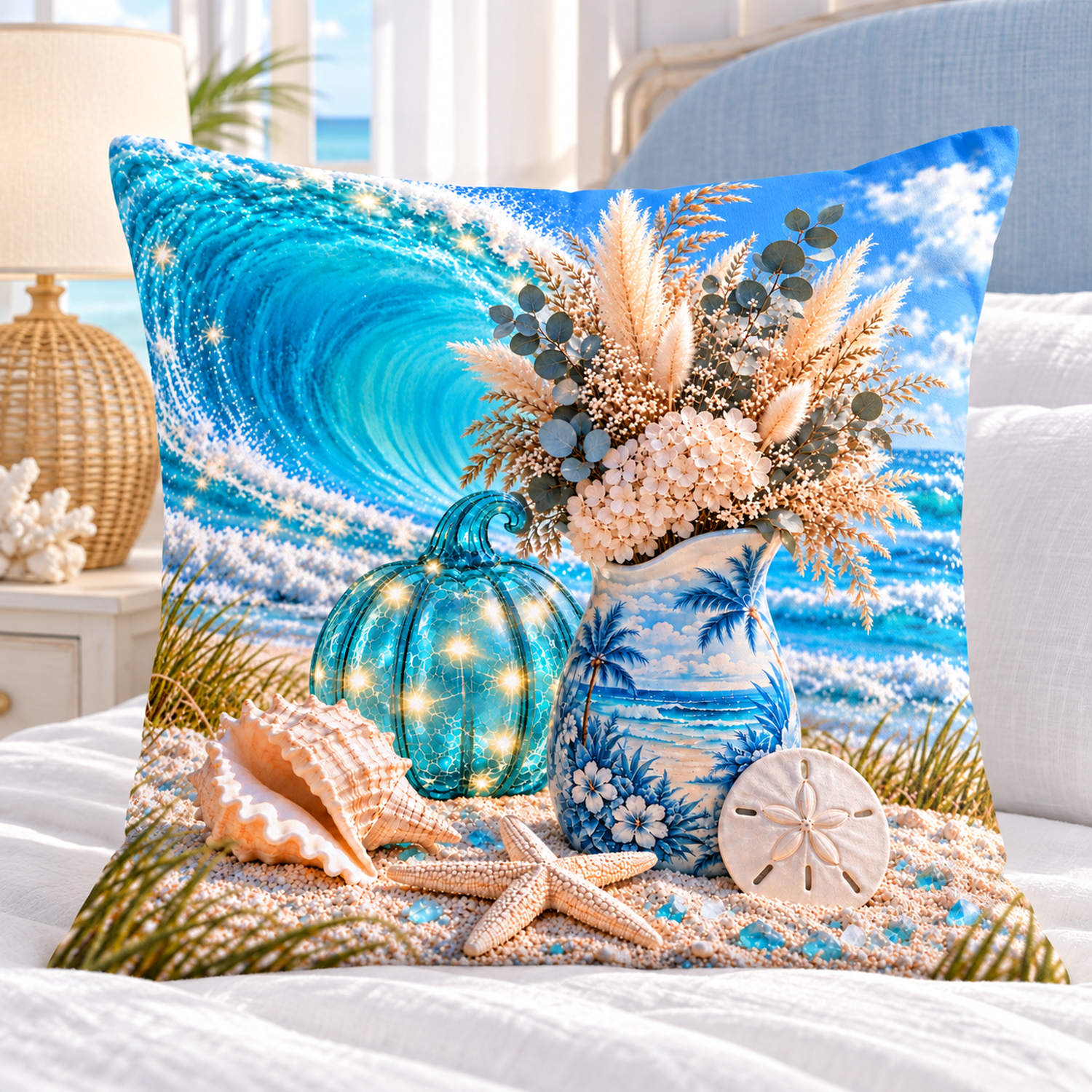 Glowing Aqua Pumpkin printed coastal pillow cover featuring glowing aqua pumpkin, coastal pitcher, dried flowers and seashells, styled in a bright coastal home