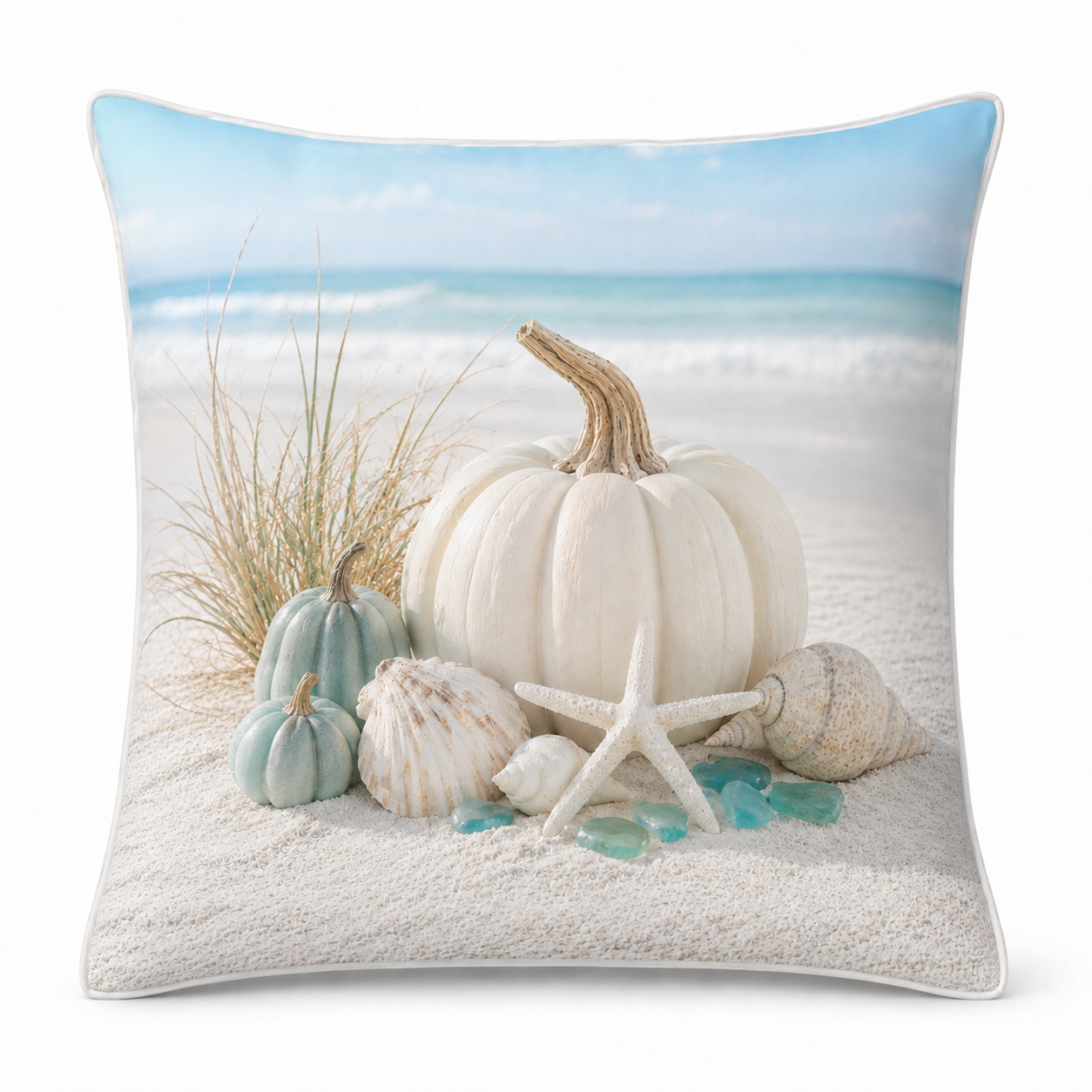 Ivory and aqua coastal pillow cover with pumpkins, starfish and seashells