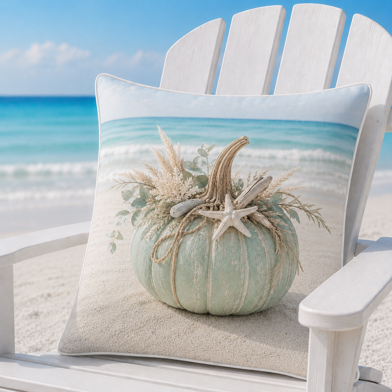 Mint Coastal Harvest pillow cover styled on a white beach chair