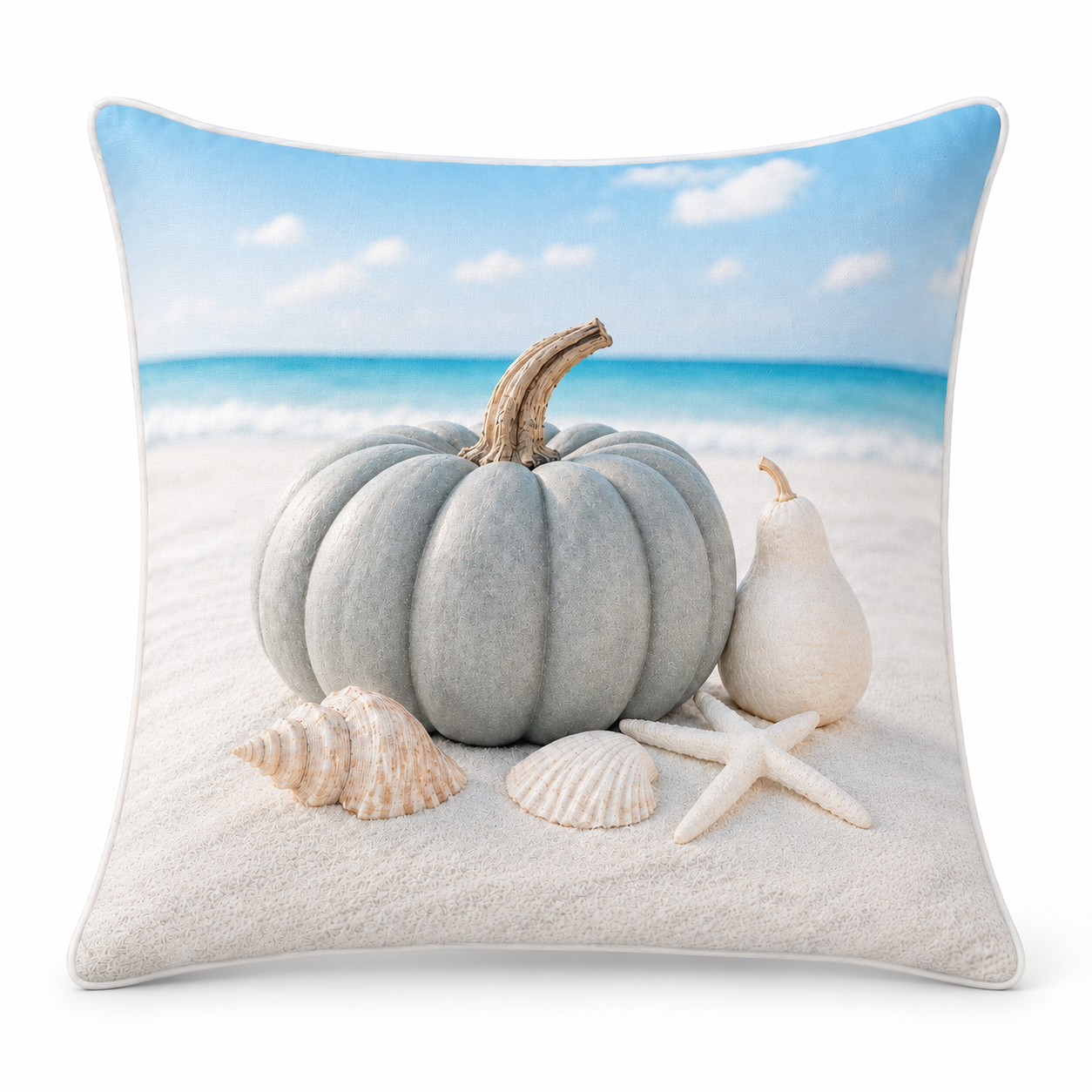 Coastal Grey and Ivory pillow cover with grey pumpkin shells and starfish