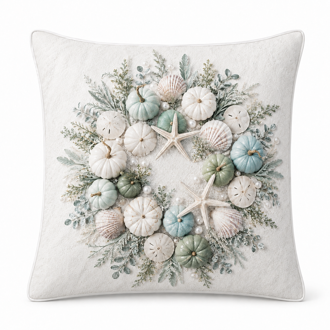 Sage and Blue Medallion coastal fall pillow cover with pumpkins, shells and starfish