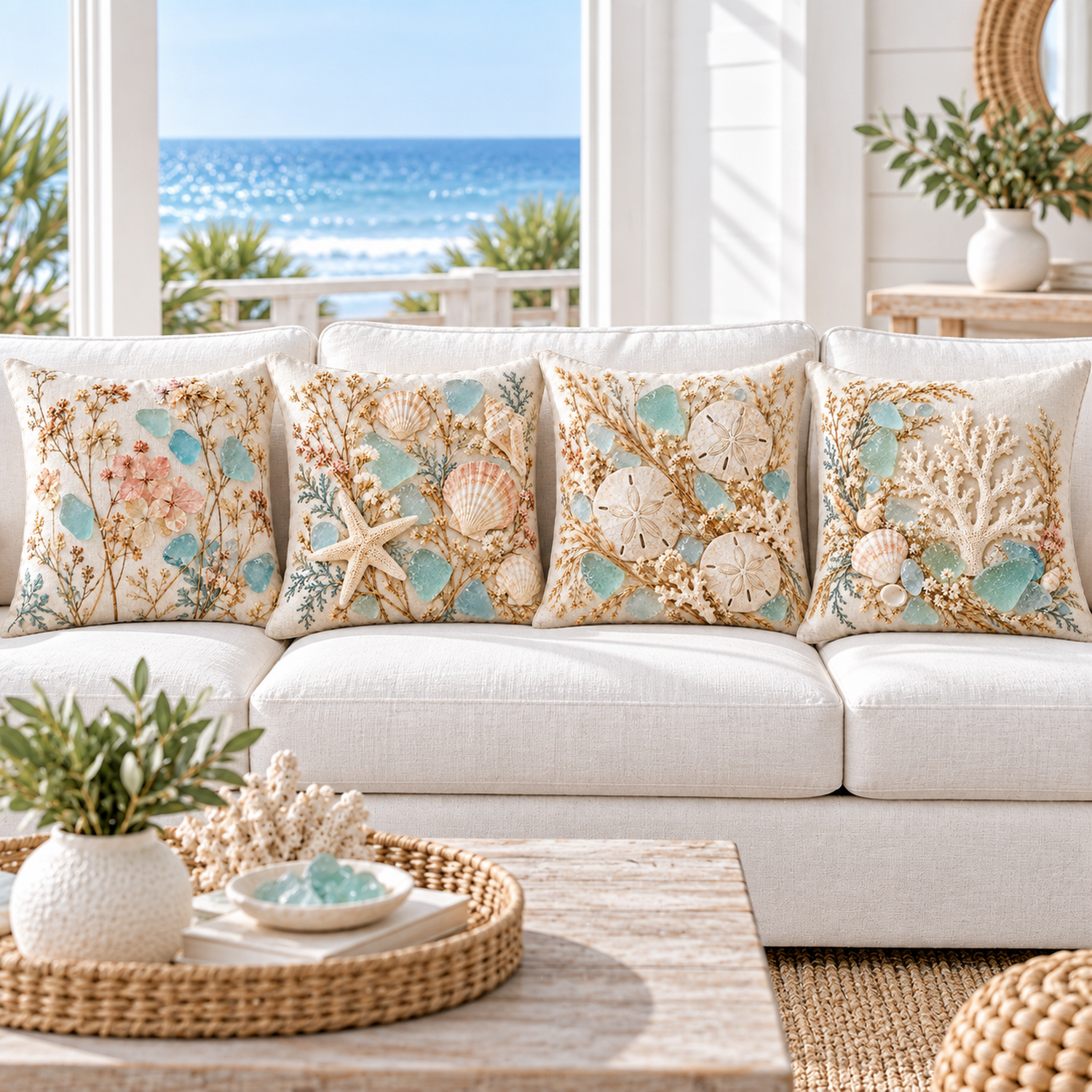 Four Sea Glass Coastal Pillow Covers styled in a bright coastal living room