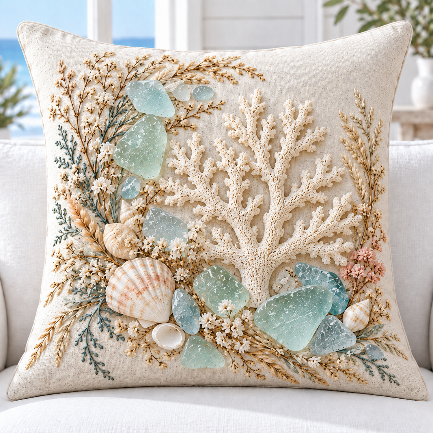 Sea Glass Coral Tide coastal pillow cover with white coral, shells and aqua sea glass