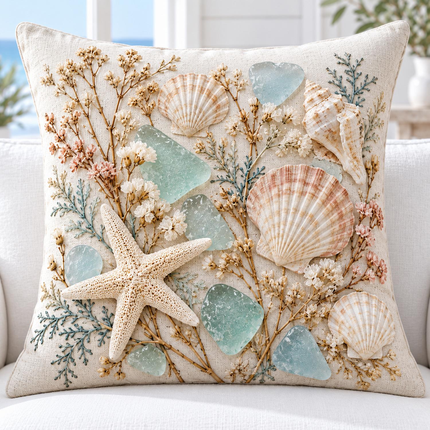 Sea Glass Shell Garden coastal pillow cover with shells, sea glass and dried botanicals
