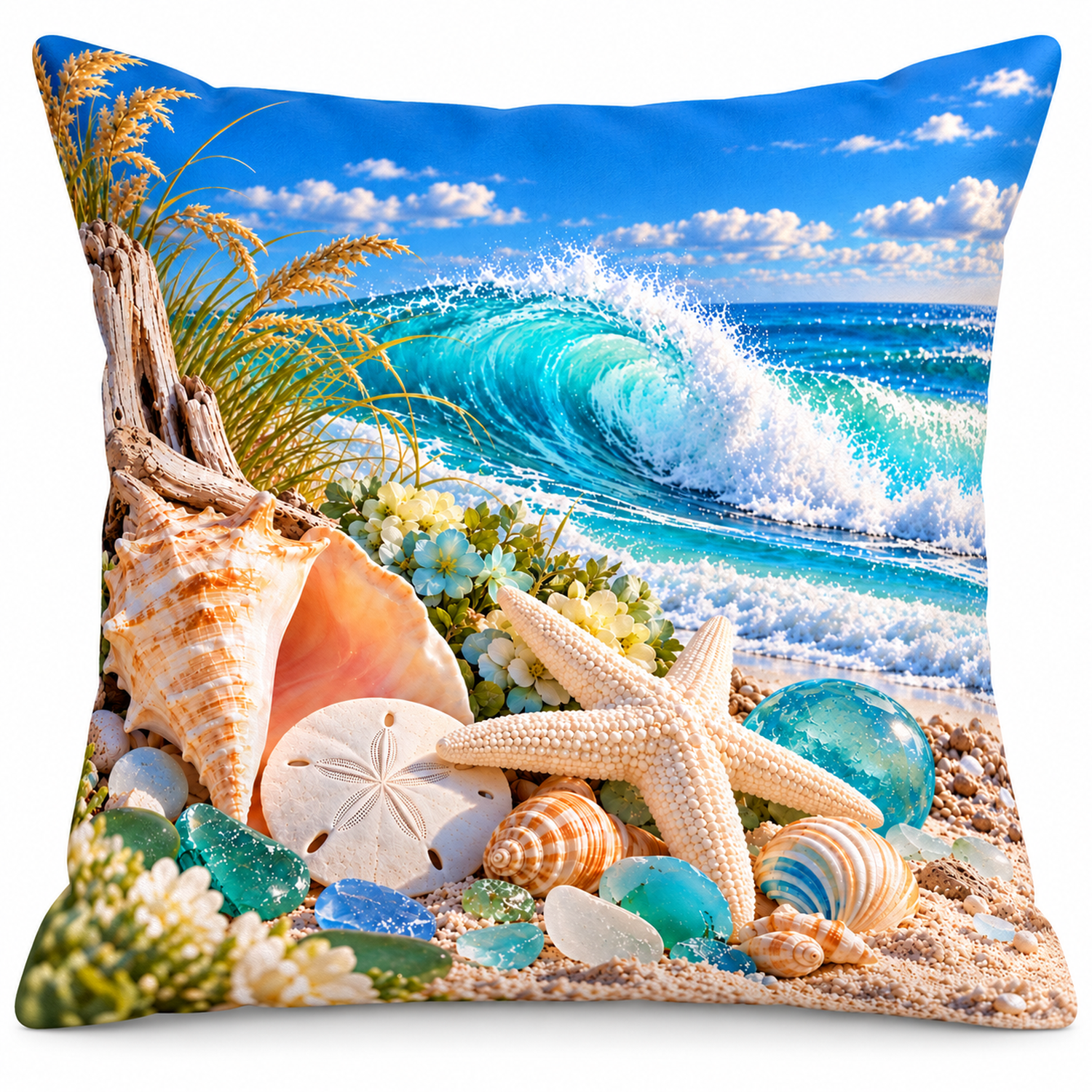Seashell & Sea Glass Wave printed coastal pillow cover featuring conch shell, white starfish, sand dollar and sea glass beside a turquoise wave, on a white background