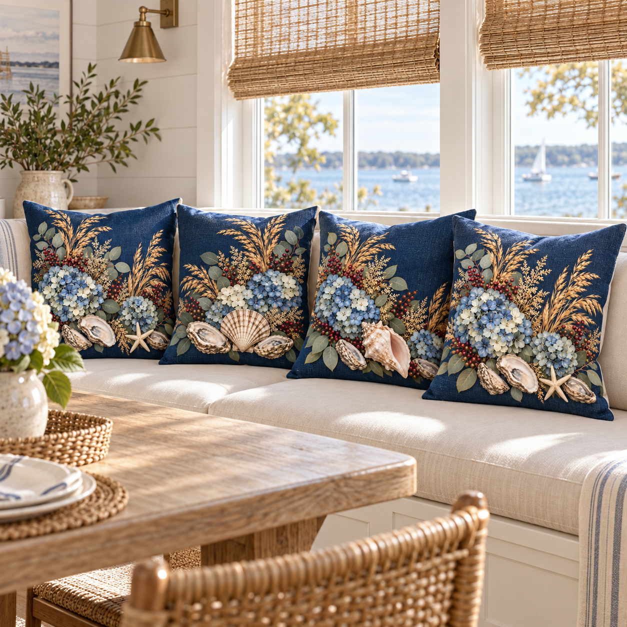 Starfish and seashell fall pillow cover collection in a bright coastal room