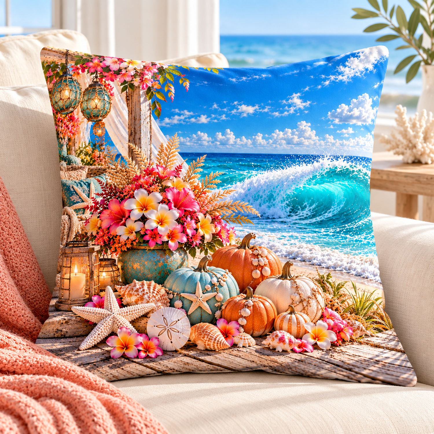Tropical Pumpkin Porch printed coastal pillow cover featuring tropical flowers, coastal pumpkins, lanterns and ocean wave, styled in a bright coastal home